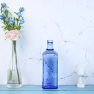산성 에치 맞춤형 디자인 광장 750ml 푸른 색 유리 병 보드카 위스키 고유